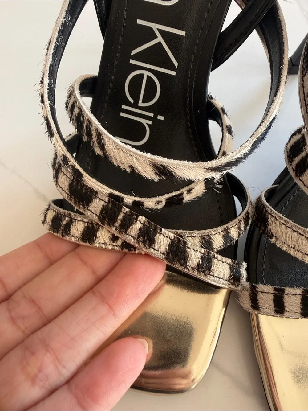 Calvin Klein Black & White Zebra Strap Heels with Gold Toe Cap